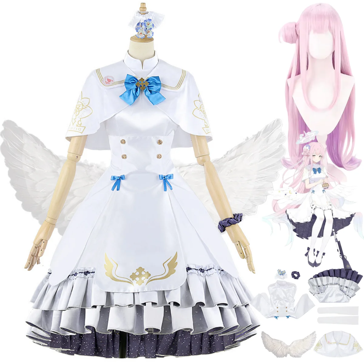 

Anime Game Blue Archive Misono Mika Cosplay Costume Wig White Lolita Dress Wing Woman Sexy Kawaii Halloween Carnival Suit