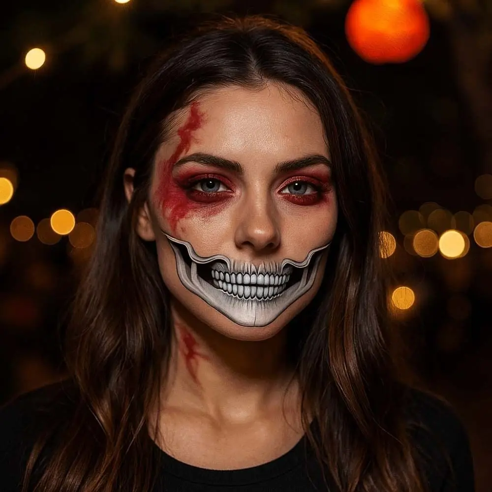 2pcs Disposable Mouth Clown Tattoo Waterproof Portable Halloween Face Tattoo Terrifying Lip Decorations Skull Temporary Sticker