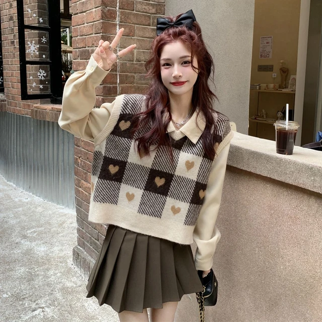 Cute Checkered Sweater Vests Women Sweet V-neck Female Ulzzang  Heart-knitted Sleeveless Sweaters Tricot Jumpers Retro Students - AliExpress