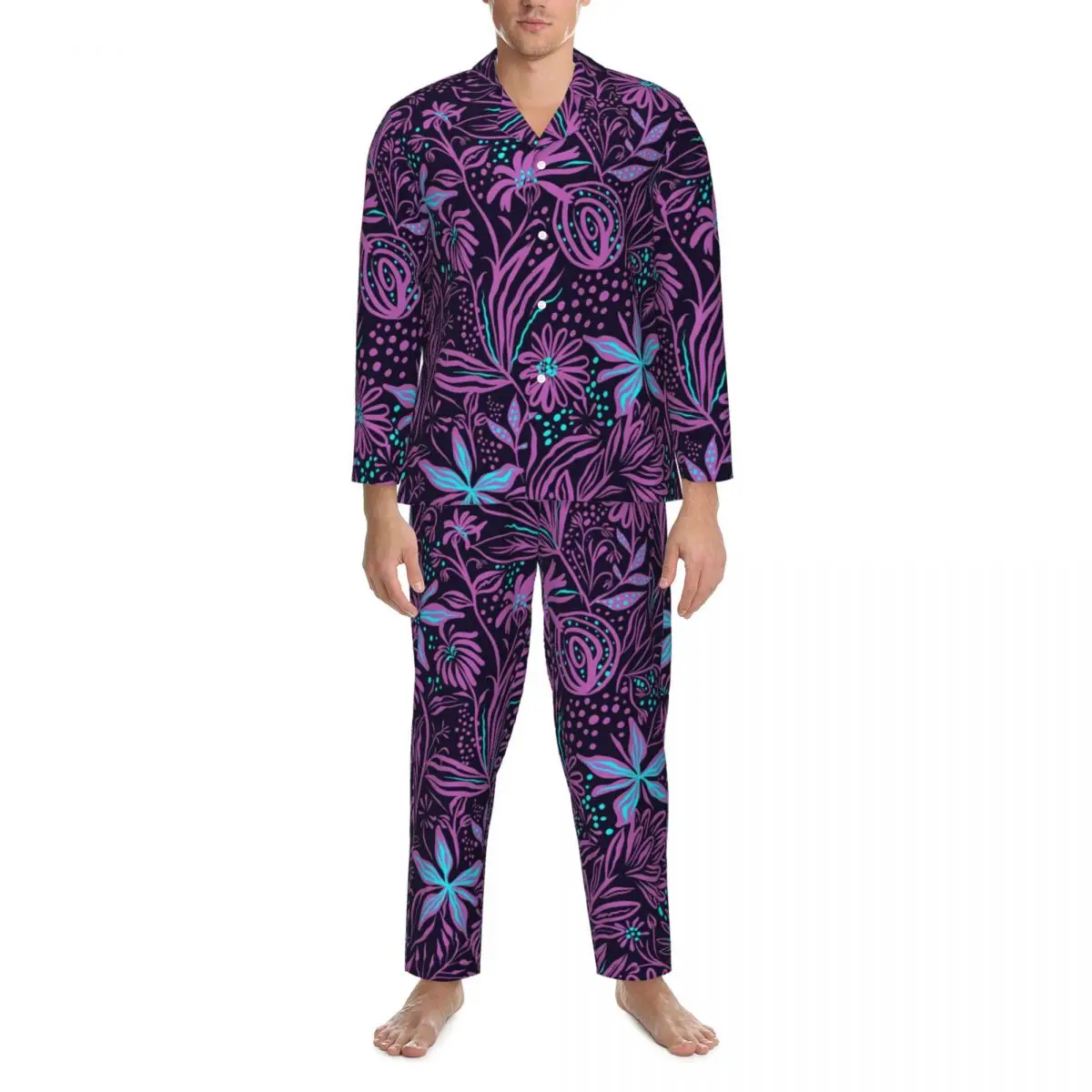 

Пижамные комплекты с абстрактным цветочным принтом, фиолетовая и синяя Милая пижама с длинными рукавами для мужчин, эстетическая спальная одежда из 2 предметов, одежда для сна, размера плюс