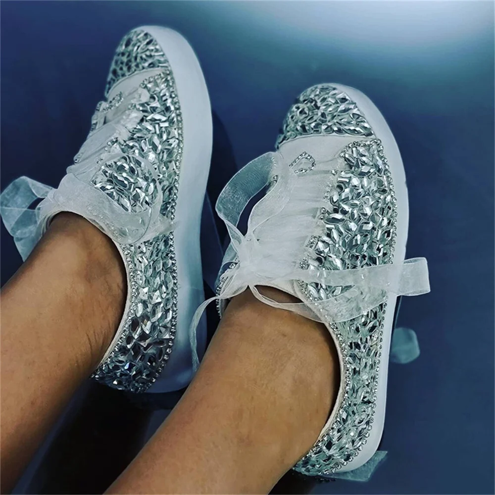 Women White Low Top Rhinestone Gemstone Ribbon Style Canvas Sports Casual Shoes 35-44 sport shoes