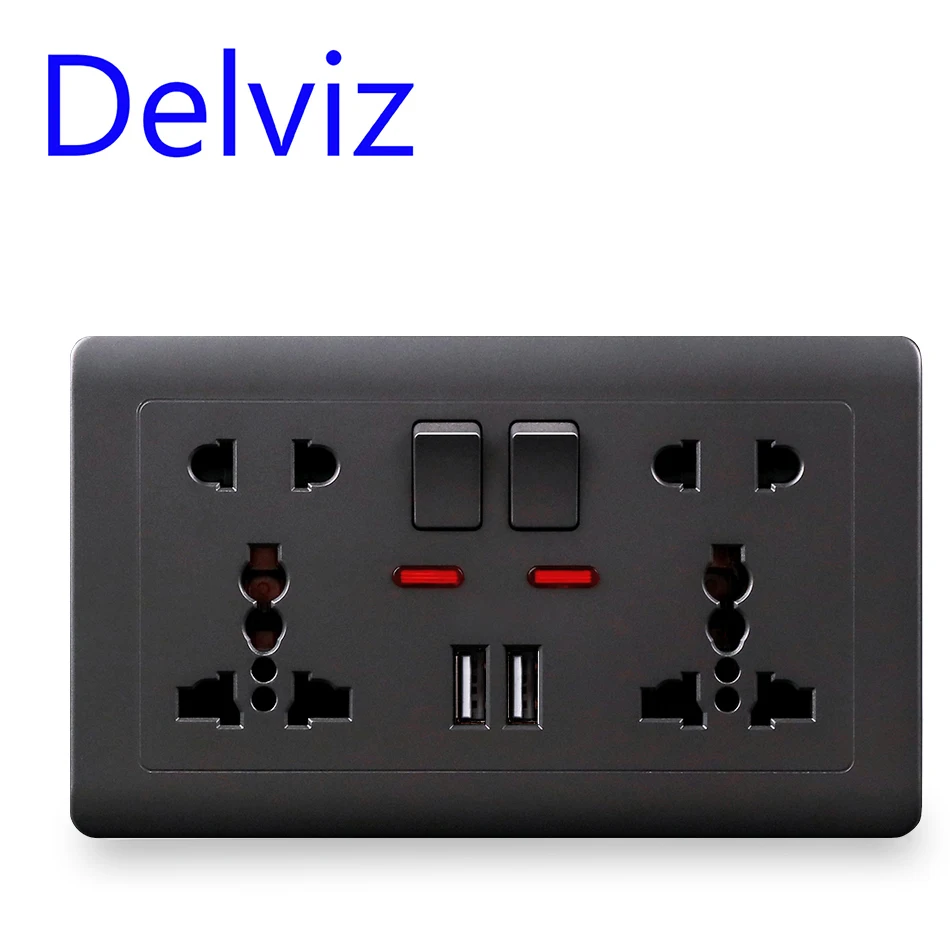 Delviz UK Standard Usb Socket, 5 Hole Embedded Panel, 2A Dual USB Port, AC 110-250V, Switch control Wall Universal Power Outlet