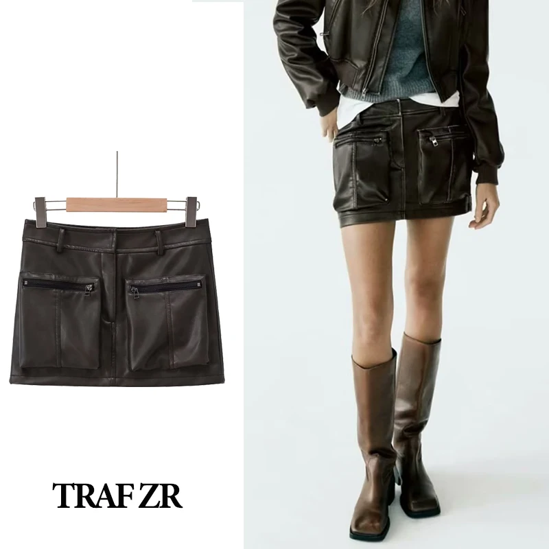 

TRAF ZR Women's Mini Leather Skirt Big Pocket Short Wrap Fashion Harajuku Coquette Sexy Y2k Streetwear Exposure Skirts for Women