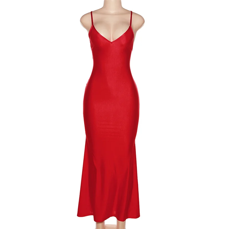 Women Sexy V-neck Sleevelss Shiny Red Spaghetti Strap Maxi Dress