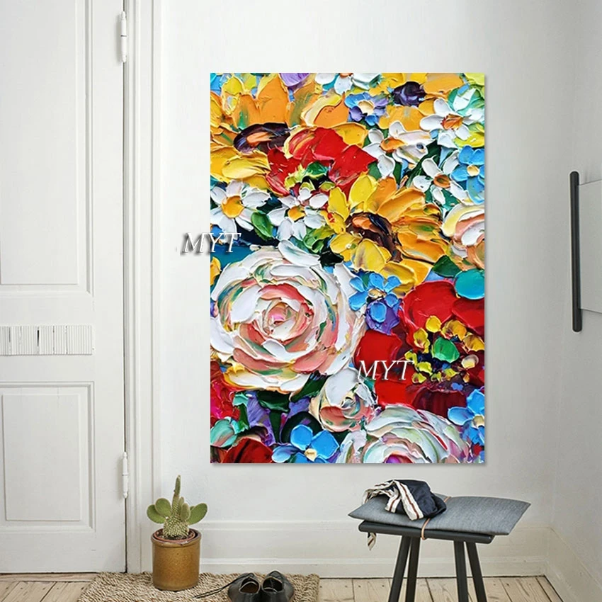 

Acrylic Knife Painting Artwork Decoration Color Abstract Flowers Pictures Rose And Sunflower Art Wall Canvas Unframed Gift