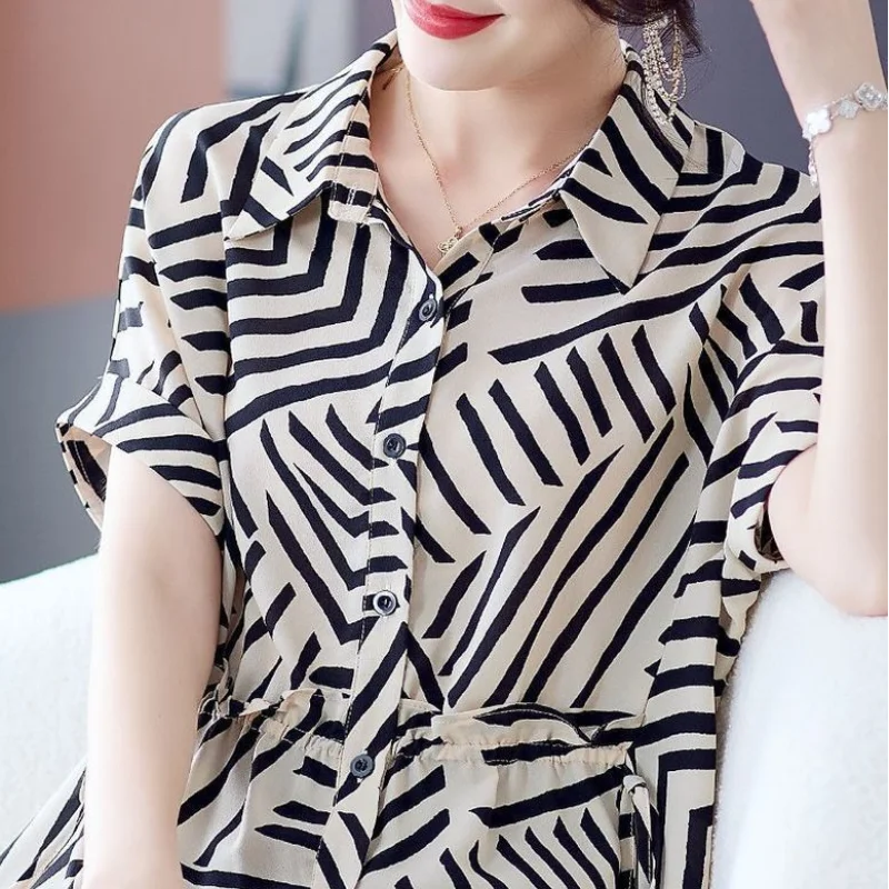 Women's Blouse Summer New Polo-Neck Button Tie Up with Printed Fashion Slim All-match Work Wear Casual Short Sleeve Shirt Tops
