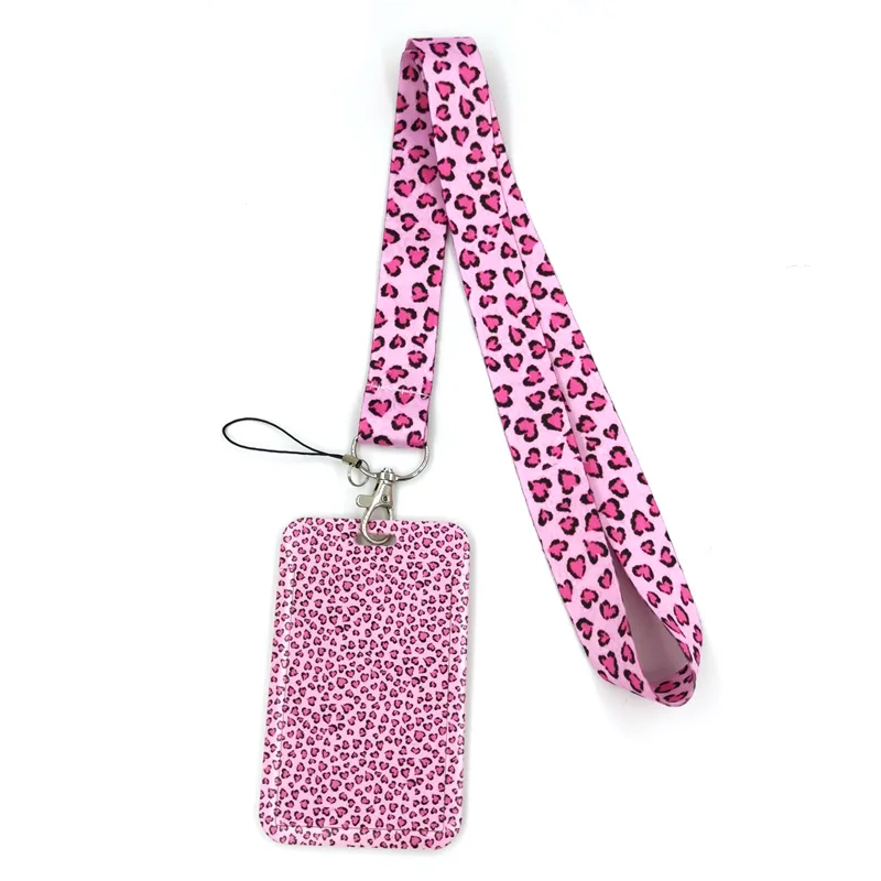 Pink Leopard Pattern Credit Card ID Holder Bag Student Women Bank Bus Business Card Cover Badge Accessories Gifts Lanyard Straps