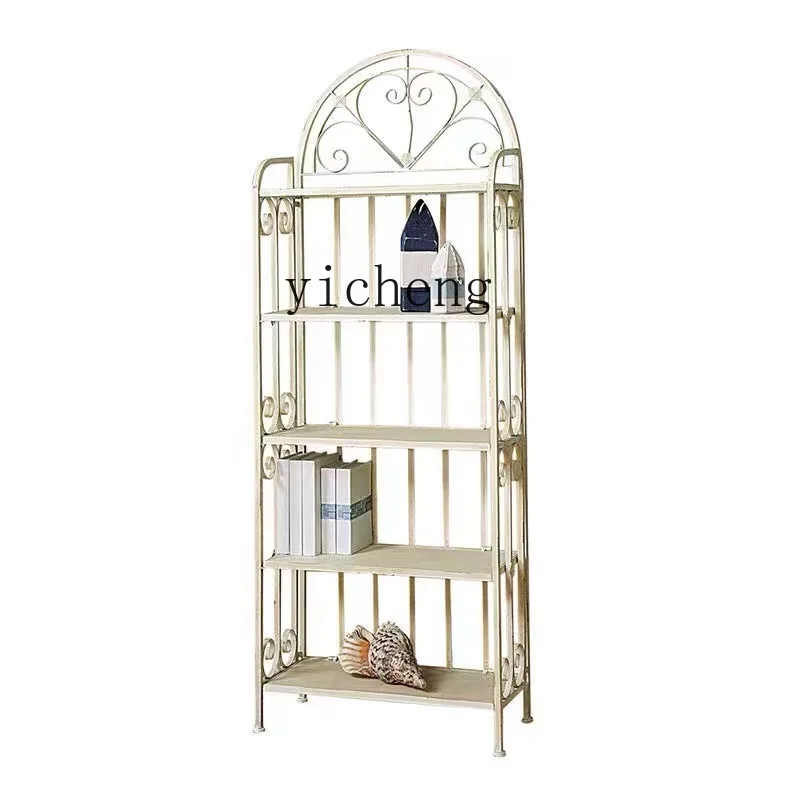 

ZK Beige Five-Layer Storage Rack Wooden Vintage Storage Bookshelf Iron European-Style Multi-Layer Container