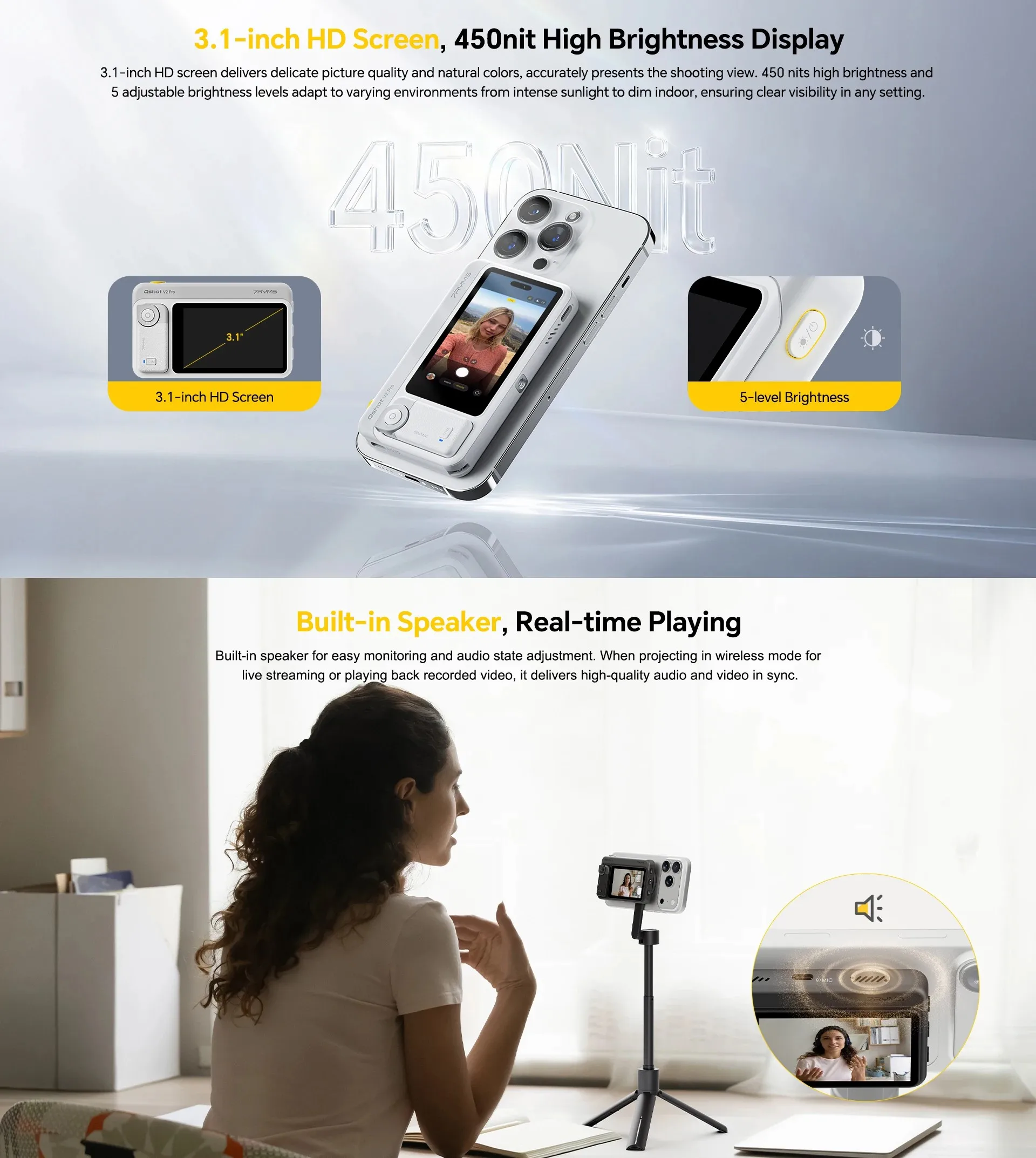 7RYMS Qshot V2 V2 pro 휴대폰 셀카 모니터 3.1인치 IPS 디스플레이 모바일 사진용 자기 유무선 촬영 모니터
