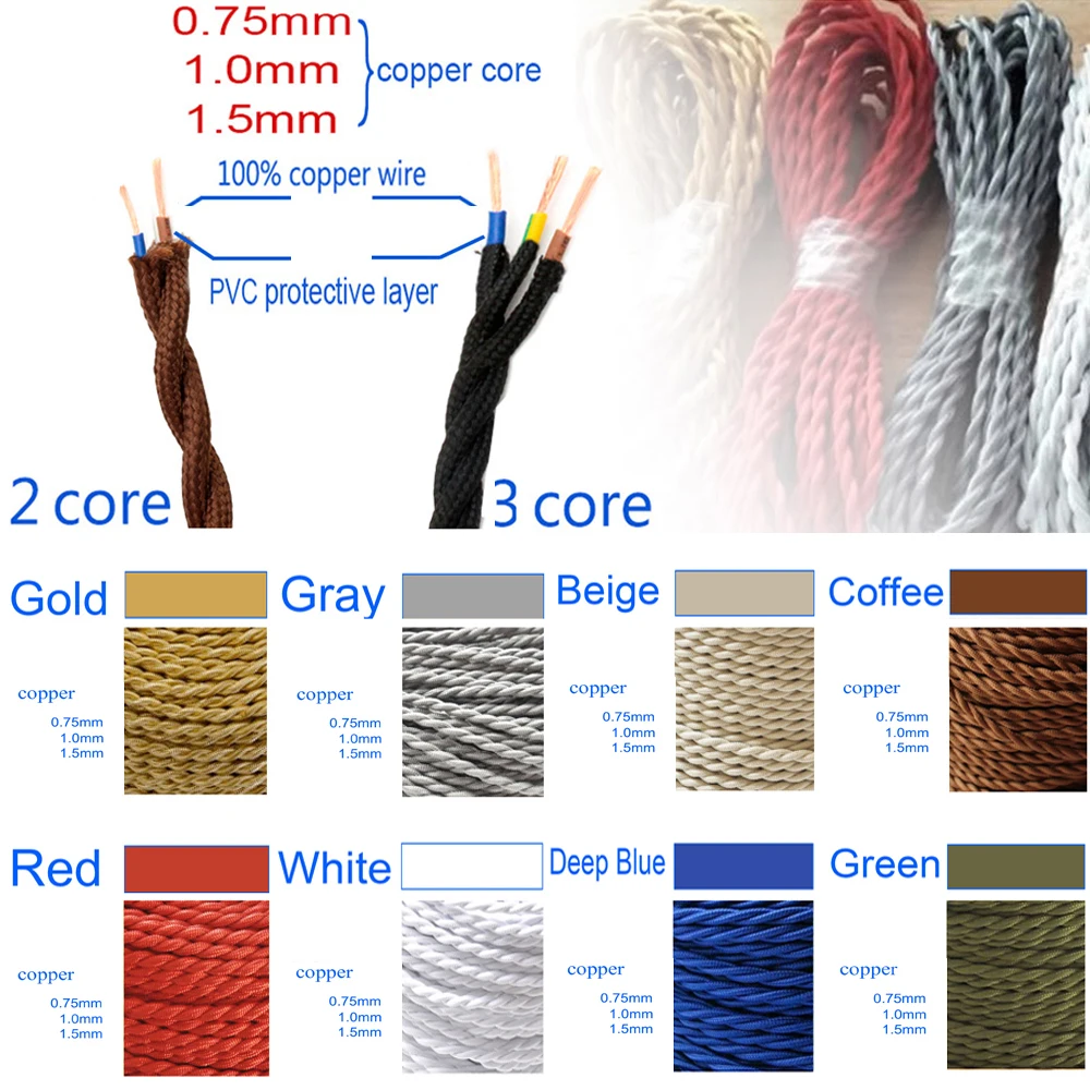 Multi Color Vintage 2-core 3 Core Braided Fabric Twisted Cable Flex Lighting Electrical Wire Woven Textile Cable DIY Light Line