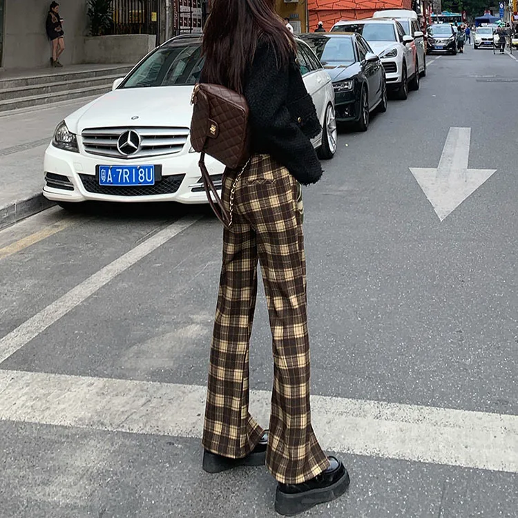 slacks Spring Vintage Pants Women High Waist Plaid Pattern Printed Button Flare Pants Summer 2022 New Fashion cargo pants for women