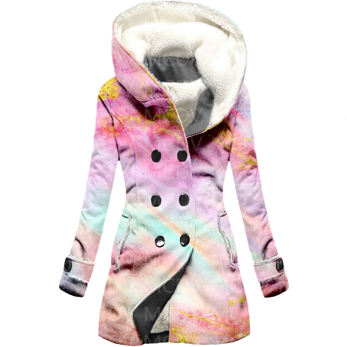 Pink Quicksand 3D Printed Fleece Hooded Cloak Women Thick Warm Coat Women's Winter Warm Overcoat