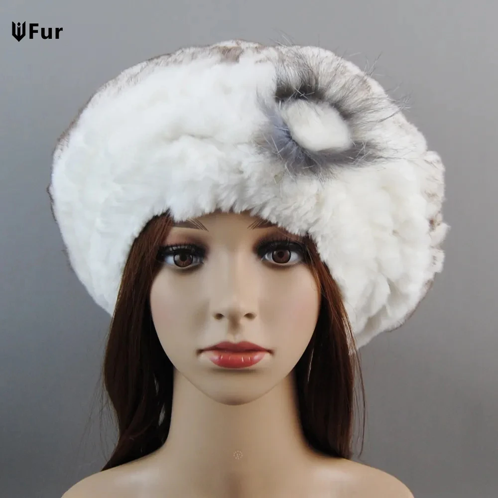 

New Style Lady Beret Caps Knitted Real Rex Rabbit Fur Beanies Hat Women Winter Rex Rabbit Fur Hats 100% Real Rex Rabbit Fur Cap