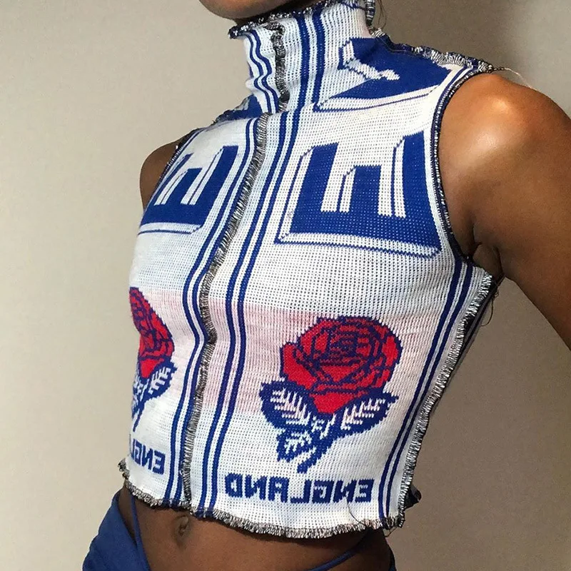 

Rose Print Crop Top Y2K Tank Top 2023 Fashion Women Turntleneck Sleevless Streetwear Vest Female Outfits Clothes Party Clubwear