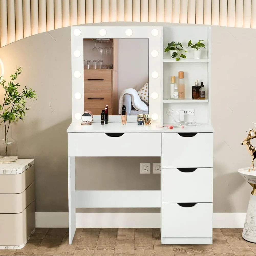 

Dresser, charging station, storage shelf, 4 drawers, dressing table with illuminated mirror, 3 lighting modes brightness, white