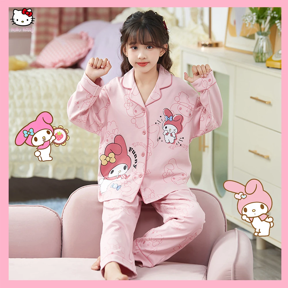 

Весенняя Детская Пижама Kawaii аниме Sanrioed Melody Kuromi Cinnamoroll Осенняя хлопковая одежда для сна для девочек Детская домашняя одежда
