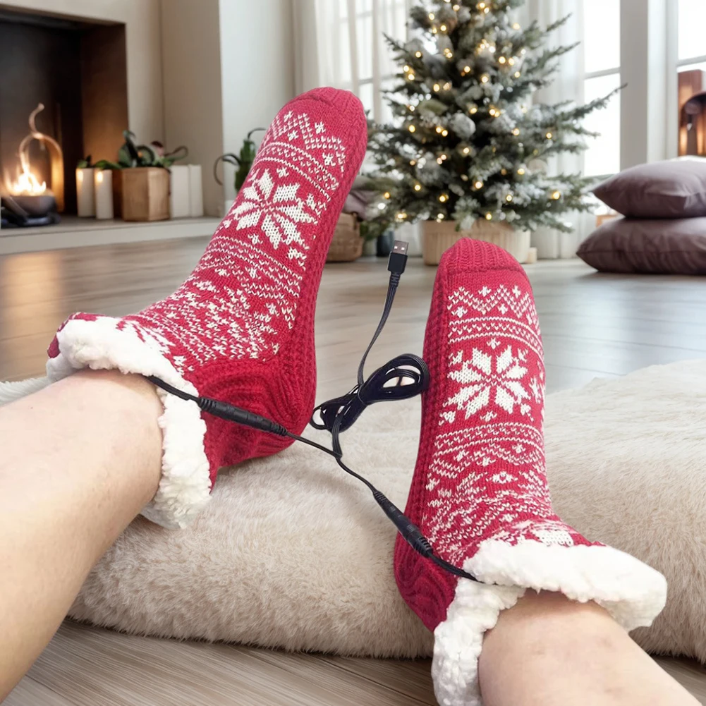 USB Heated Soft Knitted Socks Non Slip Fluffy Slipper Socks Plush Floor Cozy Bed Slippers for Men Women