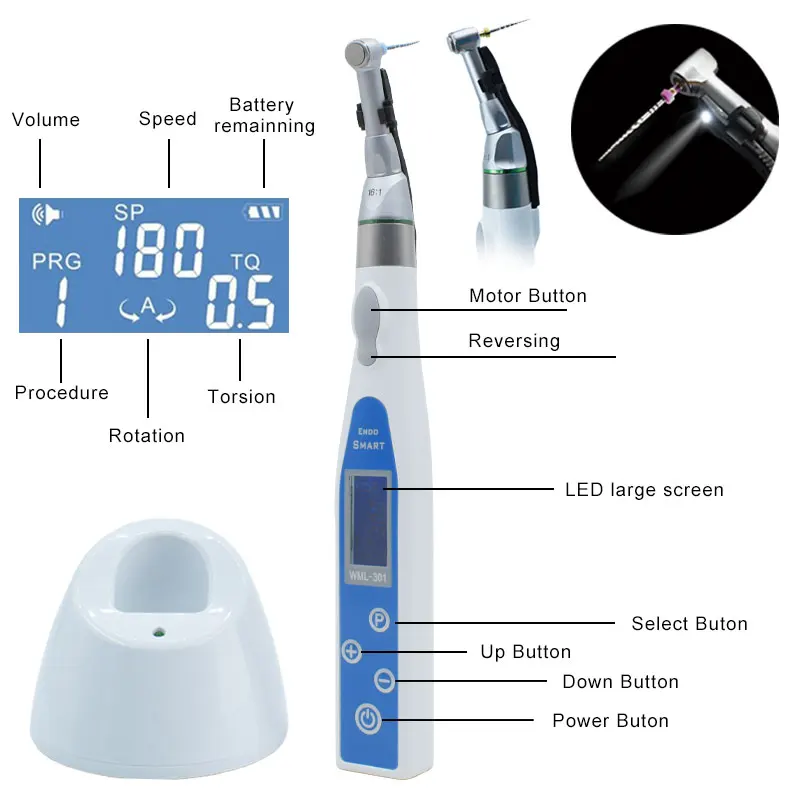 

Dental Endo Motor LED 16:1 Contra Angle for Root Canal Treatment Endodontic Instrument Wireless Endomotor