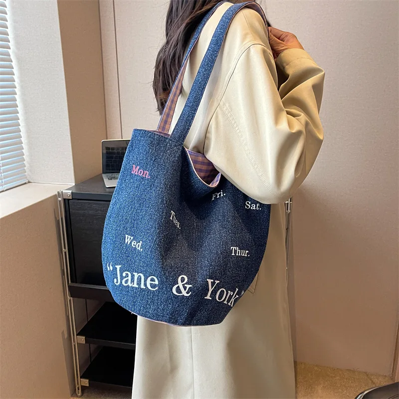 

Denim Letter Retro Shoulder Bucket Bags Simple Fashion Shopping Storage Bag Casual Versatile Travel Portable Satchel Organizer