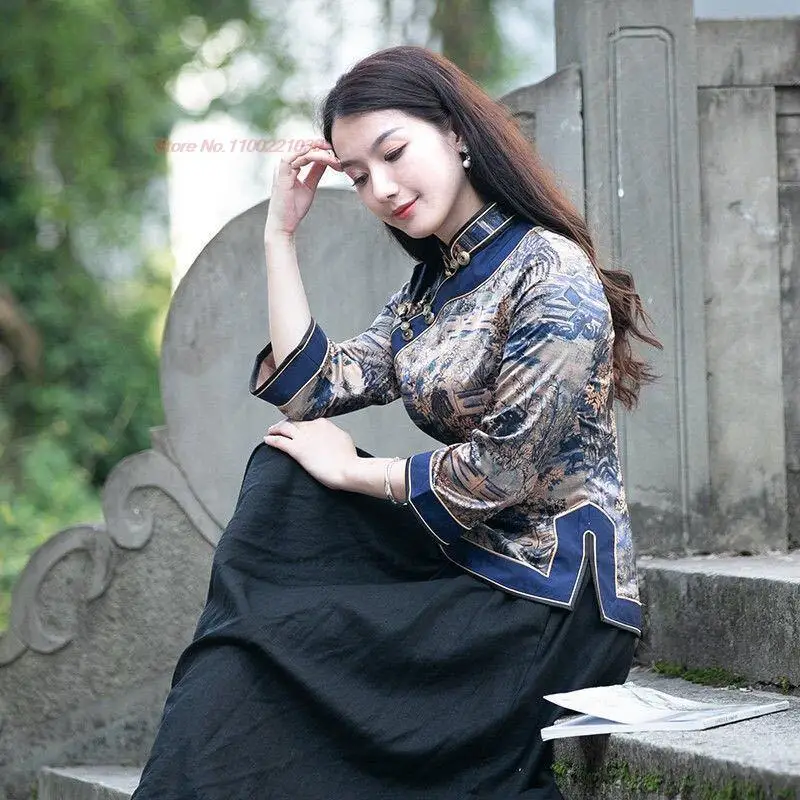 

2023 chinese improved cheongsam blouse national flower print satin blouse chinese vintage qipao top tea service hanfu shirts