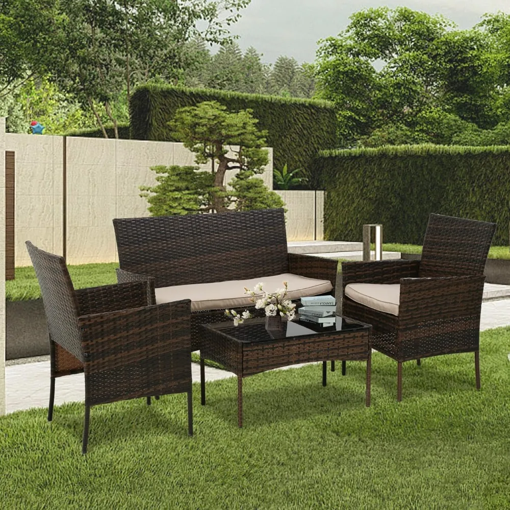 4 Pieces Patio Furniture Set Rattan Outside Furniture Wicker Sofa Garden Conversation Sets with Soft Cushion and Glass Table for 2