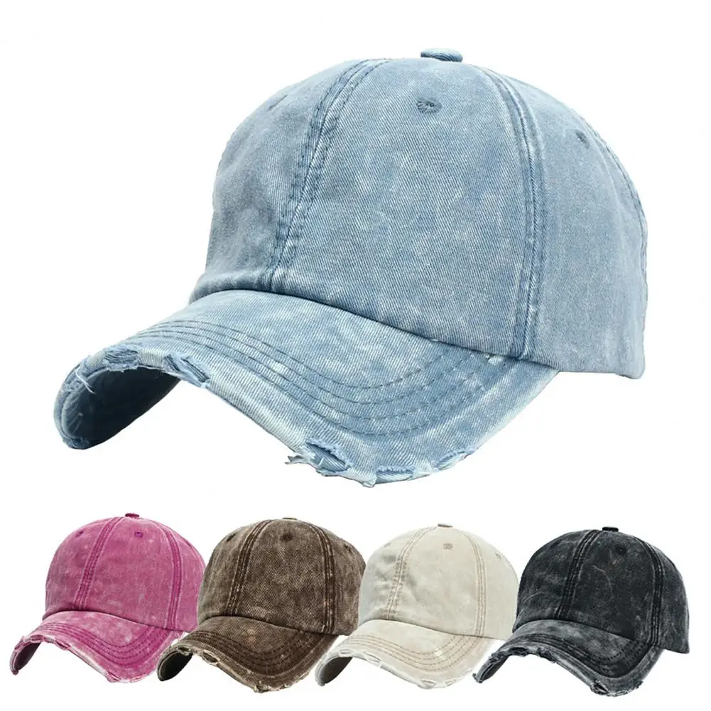 

Vintage Washed Cotton Baseball Cap Ripped Wide Brim Round Top Tie-Dye Denim Adjustable Unisex Sun Hat Sport Cap for Outdoor