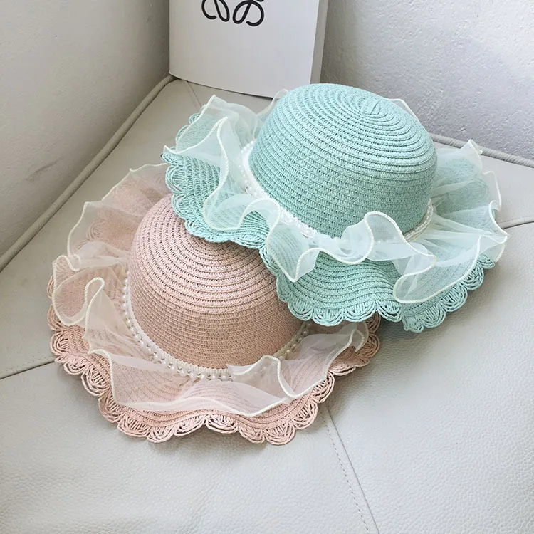 Summer Children's Hat Sunshade Pearl Lace Straw Baby Girl Cap Girls' Baby Sunscreen Beach Hat Baby Photography Props New big brim baby straw hat kids summer sun hat korea style child panama cap sunshade cap baby boy girl kids hat