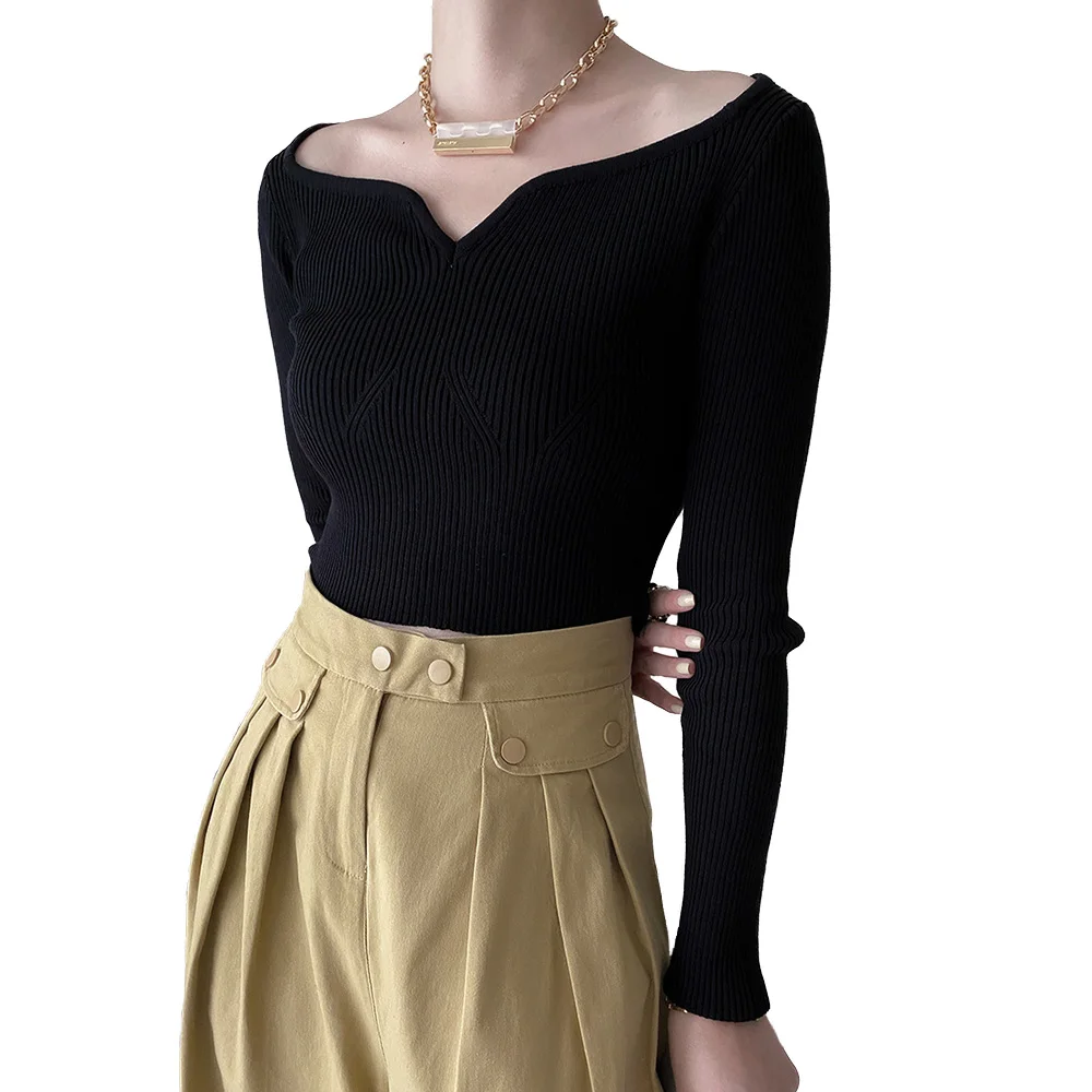 

Cropped Top Ribbed Sweetheart Neck Sweater Black