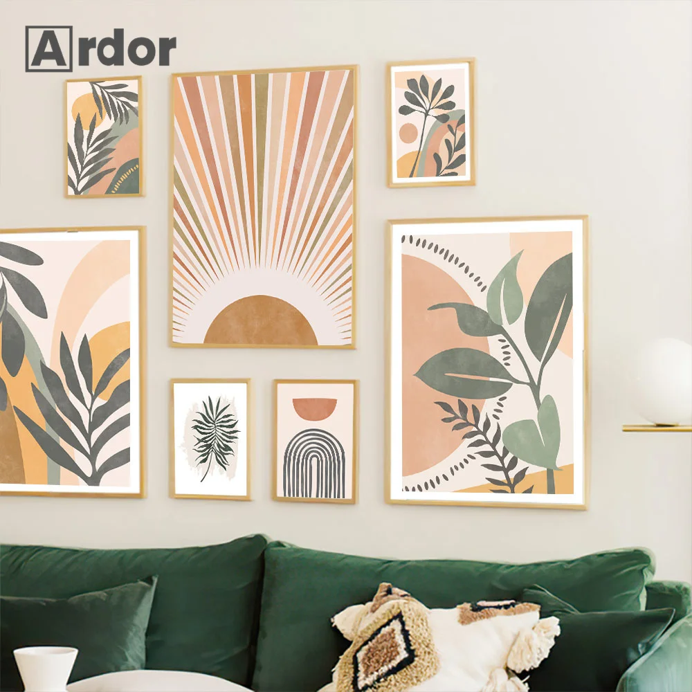 

Bohemian Abstract Rainbow Sun Posters Plant Leaf Canvas Painting Geometry Print Nordic Wall Art Pictures Living Room Home Decor