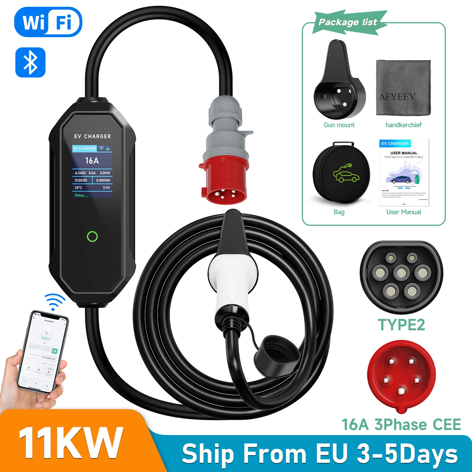 AFEEVType2PortableEVCharger11KW16A3PhaseWallboxIEC62196-2EVSEFastChargingCableCEEPlugWIFIAPPBluetoothControl