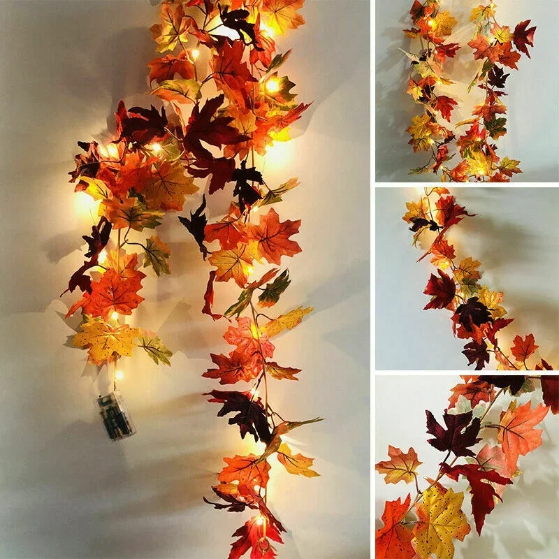 Halloween LED Lights Autumn Maple Leaf Rattan Garland Copper Wire Lights Hanging Plants Holiday Party Garden Decorative Lights