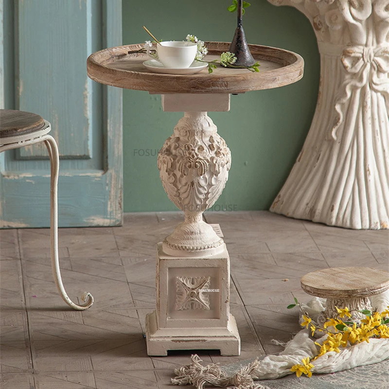 Nordic Solid Wood Coffee Table for Caf&eacute; Furniture Small Round Table Vintage Upscale Roman Carving Design Coffee Shop Side