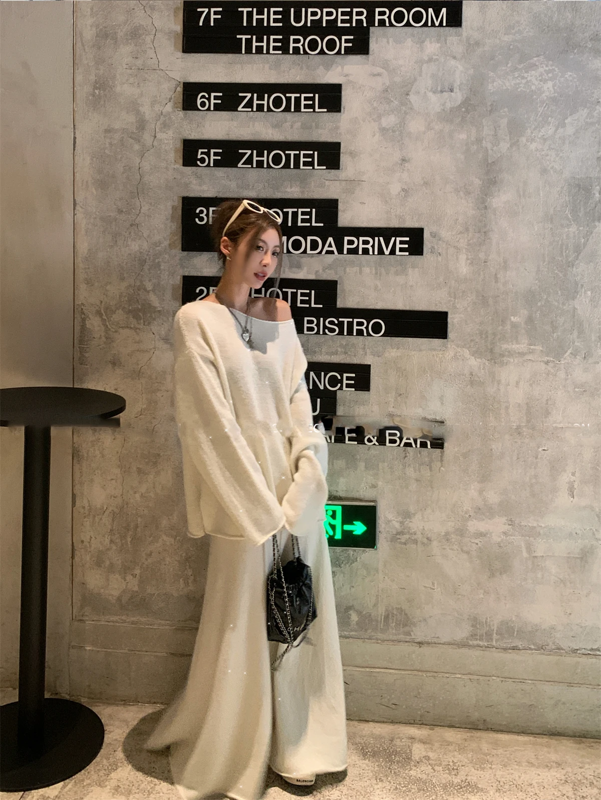 Sexy Soft Elegant Vintage Women Suits 2 Pieces Female Sets Slash Neck Sweater & Midi Dress Bling Knitted TrackSuit