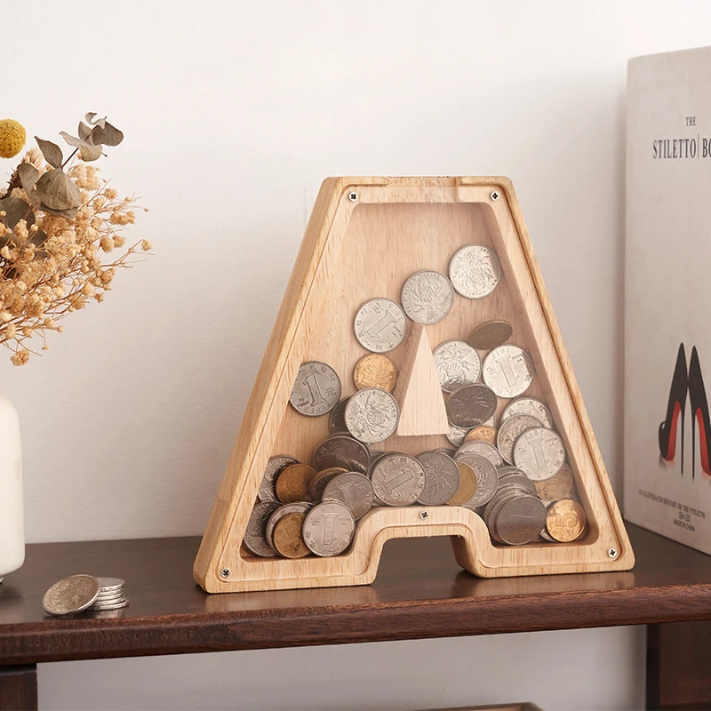 Twenty-six Letter Piggy Bank Wooden Coin Money Saving Box Jar Coins Storage Box Desktop Ornament Home Decor Crafts Xmas Gift