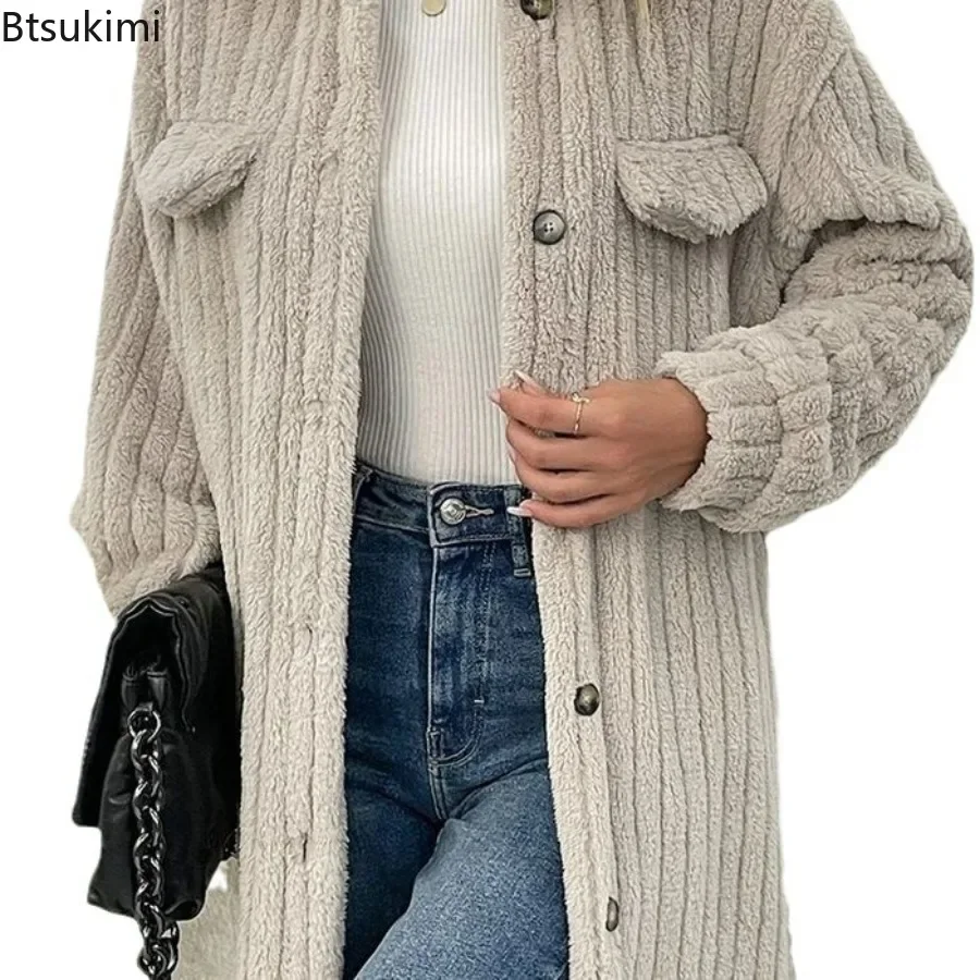 2024 Women's Thicken Warm Casual Coats Jacket Solid Autumn Winter Women Plush Jackets Fashion Lapel Single Breasted Outerwear