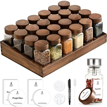 Portaspezie in legno di acacia con barattoli e etichette per spezie da 12/24x120 ml |   Organizzatore da cucina, facile da spostare per conservare le spezie 1