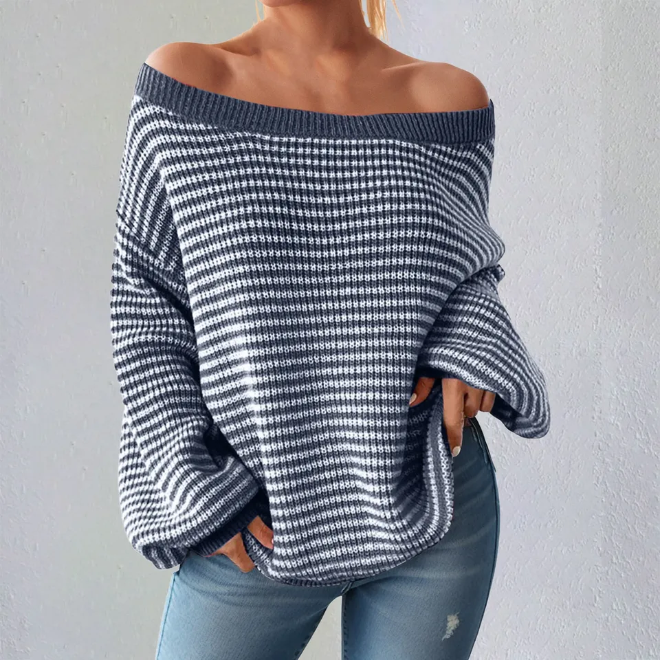 Oversized Off Shoulder Women Striped Sweater