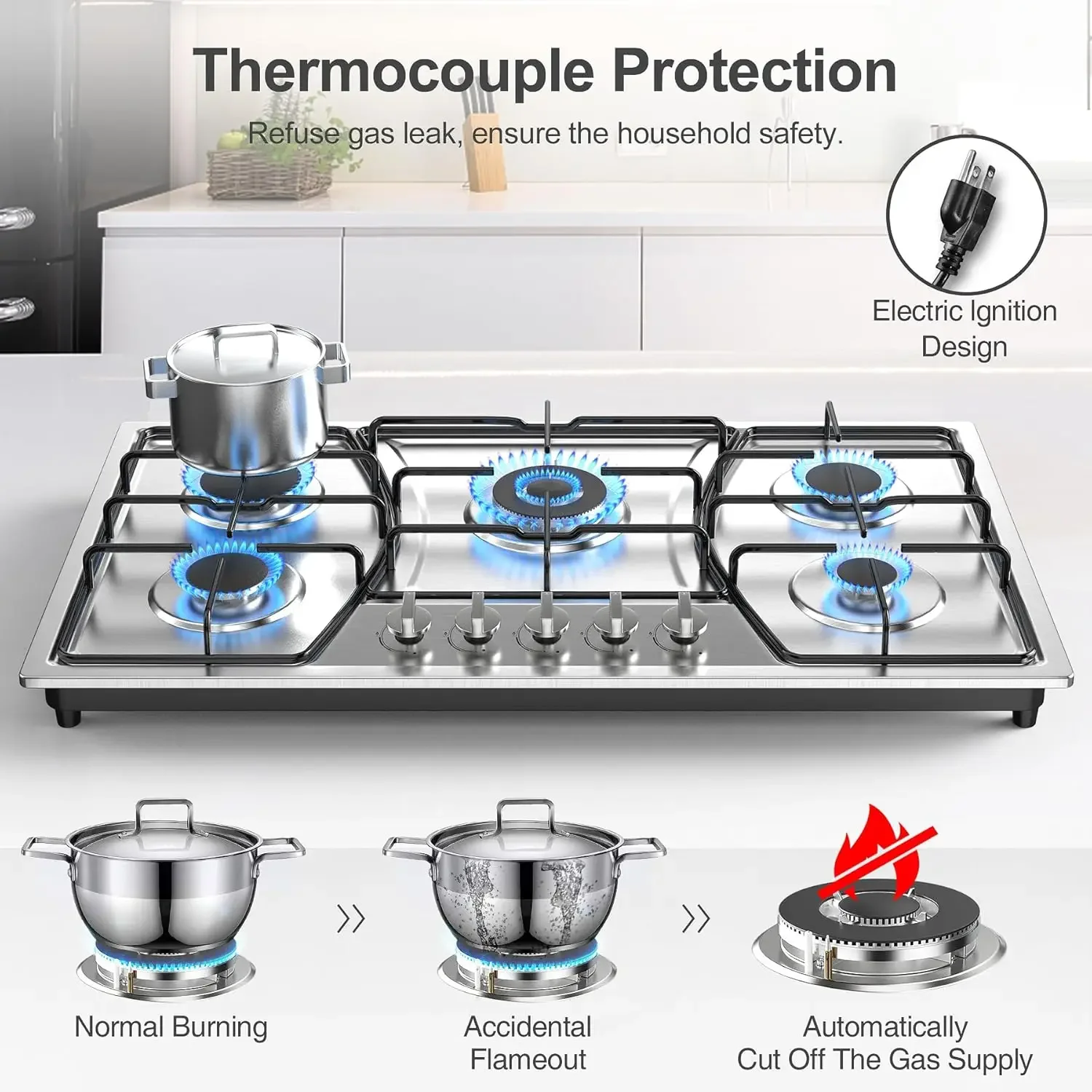 Stove Top Stainless Steel, Built-in Gas Propane Cooktops with Thermocouple Protection, NG/LPG Convertible, Electronic Ignition G 2
