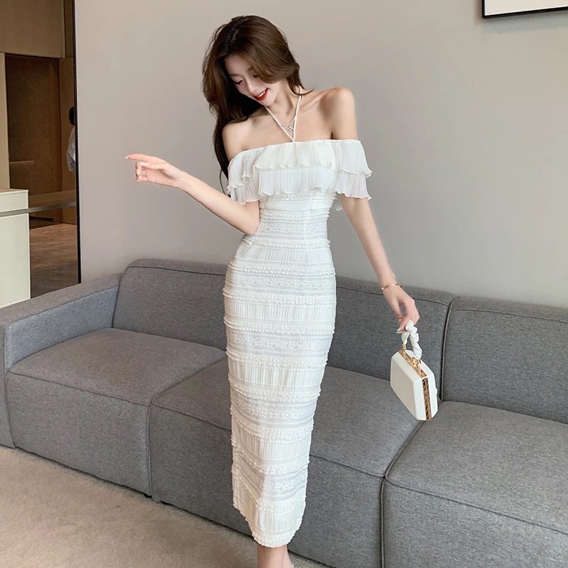 

Женское длинное платье на одно плечо, роскошное платье в Корейском стиле с кружевными краями и ремешком на шее, 2024