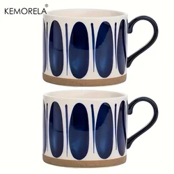 Hand - Painted Geometric Blue & White Ceramic Coffee Mugs - Set of 2, Microwave Safe Reusable Cups - 400ML (A)