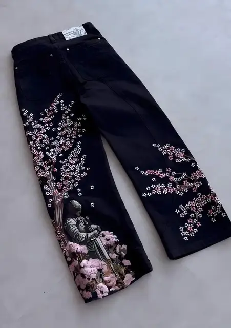 Y2k Vintage Baggy Fallen Knight Cherry Blossom Embroidery Jeans Men Women Fashion Straight Wide-leg Denim Pants Streetwear Jean 2