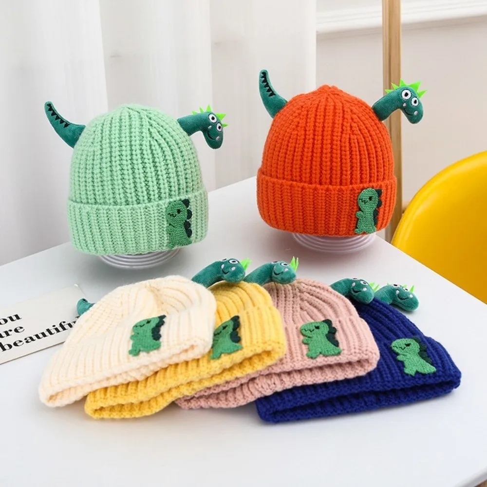 New Cute Dinosaur Knitted Hat Warm Windproof Warm Hat Thicken Solid Color Pullover Cap Boys Girls