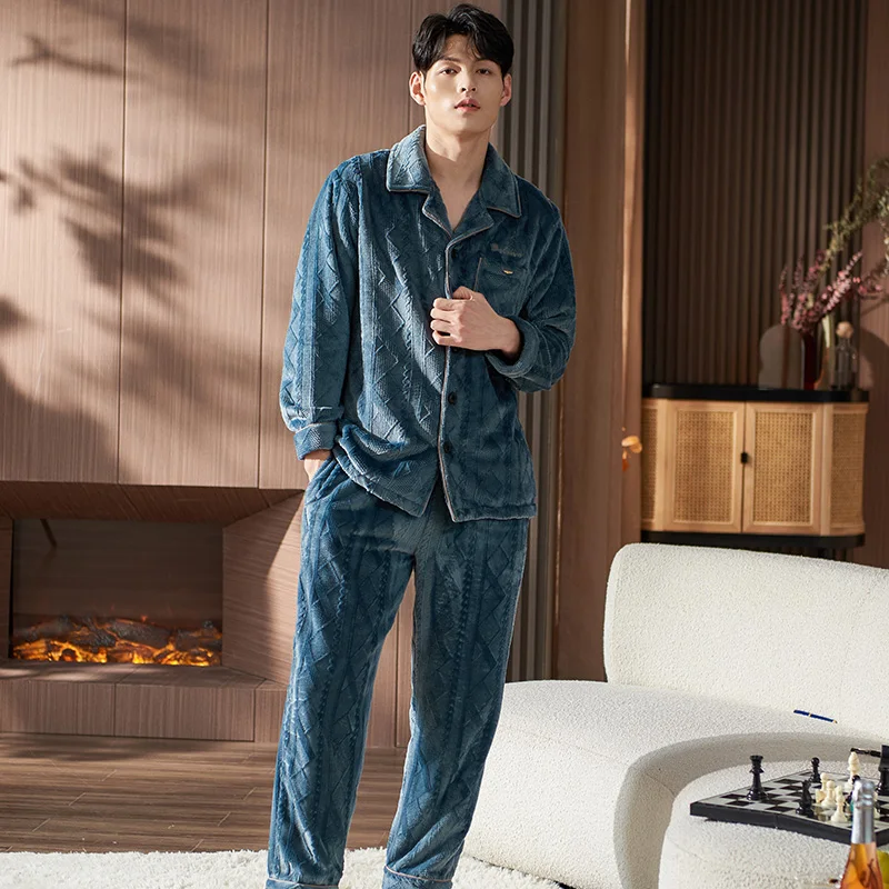 남성용 가을, 겨울 두꺼운 플란넬 잠옷 세트 긴 소매 패션 스타일 솔리드 따뜻한..
