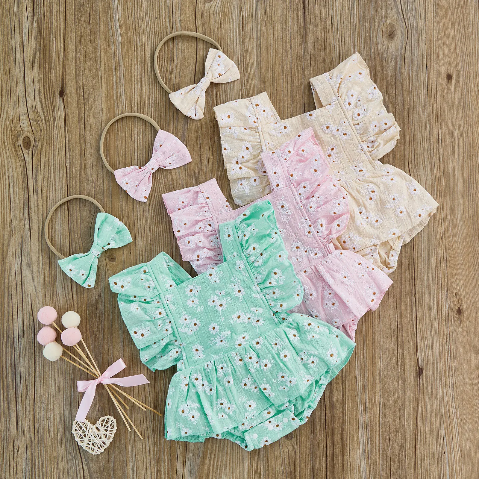 Baby Girl Romper Headband Set, Floral Square Neck Fly Sleeve Elastic