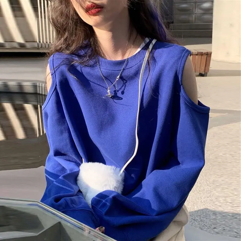 Spring Autumn Casual Fashion Hollow Out Sweatshirt Ladies Loose All-match Off the Shoulder Top Women Korean Style Solid Pullover