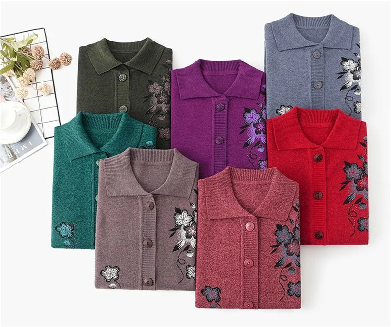 Spring Autumn Long-Sleeve Sweater Women Cardigan Coat New Print Middle-Aged Elderly Knitted Bottoming Shirt Female Tops Jacket