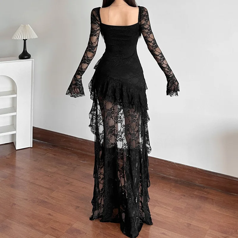 Goth Dark Fairycore Lace Flare Sleeve Square Neck A-line Dress Sweet E-girl Irregular Long Hem Dresses Cyber Y2K Party Vestido 5