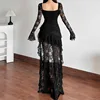 Goth Dark Fairycore Lace Flare Sleeve Square Neck A-line Dress Sweet E-girl Irregular Long Hem Dresses Cyber Y2K Party Vestido 5