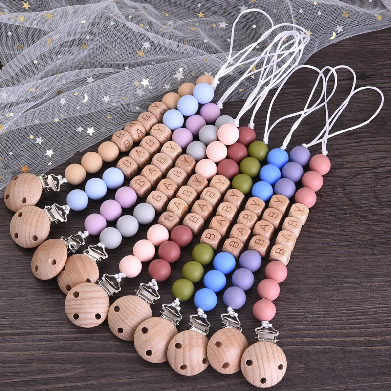 Personalized Name Wood Baby Pacifier Clip Silicone Round Beads Nipple Chain Teether Infant Dummy Holder Chain Baby Nursing Toy 2