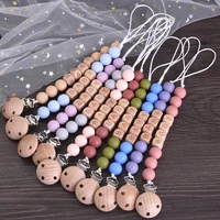 Personalized Name Wood Baby Pacifier Clip Silicone Round Beads Nipple Chain Teether Infant Dummy Holder Chain Baby Nursing Toy 2